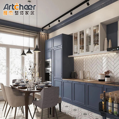 satın al Modüler Mutfak Dolabı Altın Eldivenli ve Koyu Mavi Bölümsel Tasarımlı Plywood Malzemesi çevrimiçi üretim
