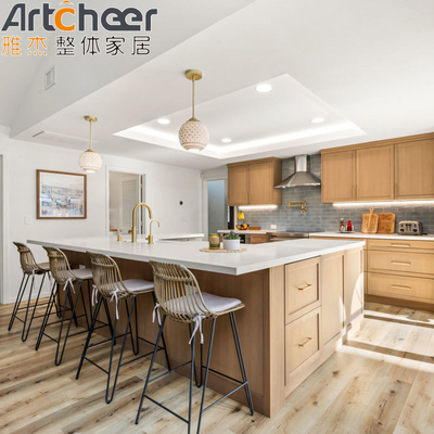 Modern Mutfak Tasarımı 2023 Cam Üstü ve Plywood Karkas Aksesuarları ile Ahşap Ada
