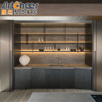 Modern Melamine Ahşap Kapılar Orta Mutfak Dolabı Özel Adalar ve Masaüstü Örneği